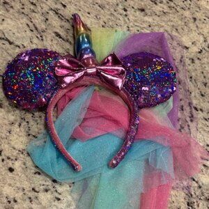 Disney Minnie Ears Rainbow Unicorn Sequin Tulle Headband